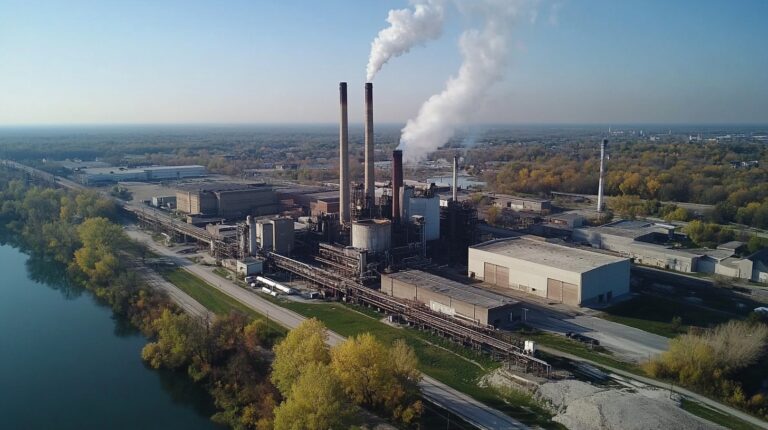 An aerial view of a large industrial factory with multiple smokestacks emitting white smoke, surrounded by trees and a river