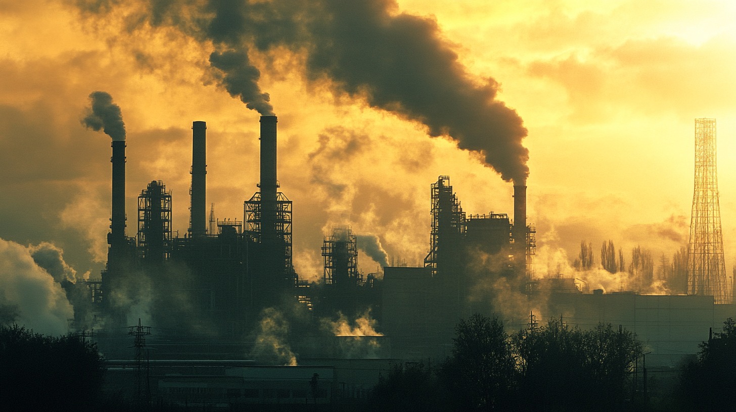 Large industrial factory with multiple smokestacks releasing thick smoke into the sky during sunset, illustrating pollution and environmental impact