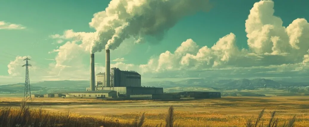 Industrial power plant emitting thick smoke into the sky, set against a vast rural landscape with mountains in the background