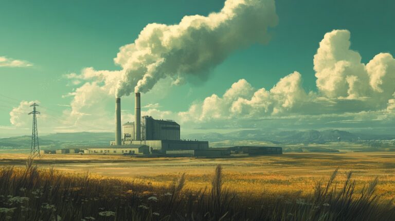 Industrial power plant emitting thick smoke into the sky, set against a vast rural landscape with mountains in the background