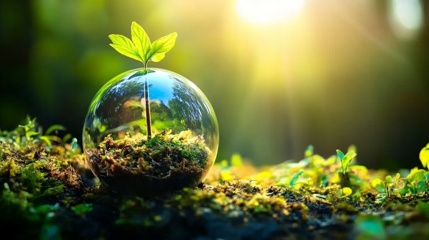 A young green plant growing inside a glass sphere, symbolizing environmental protection and sustainability, with sunlight shining through a lush forest