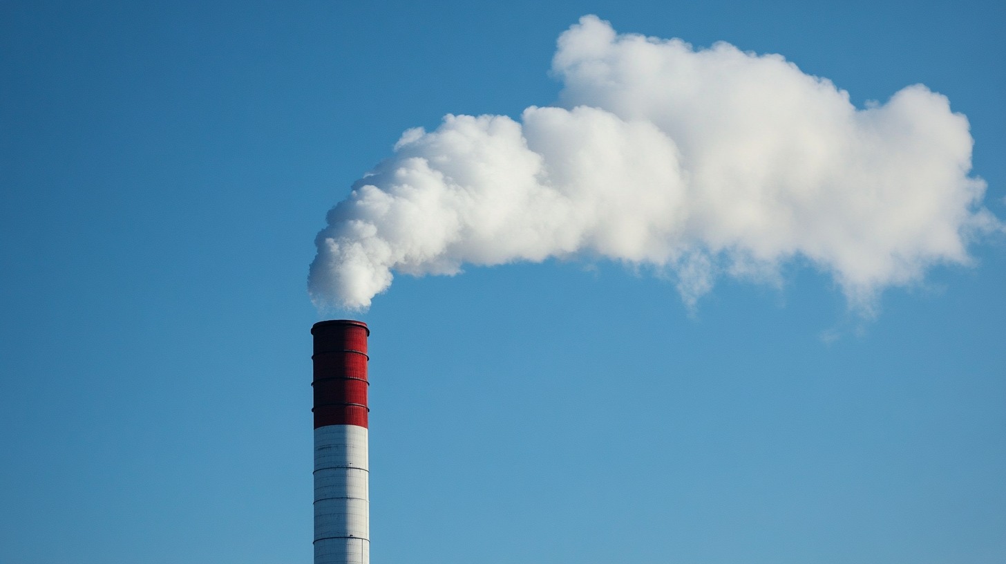 A tall industrial smokestack releasing thick white smoke into a clear blue sky, symbolizing air pollution and environmental impact