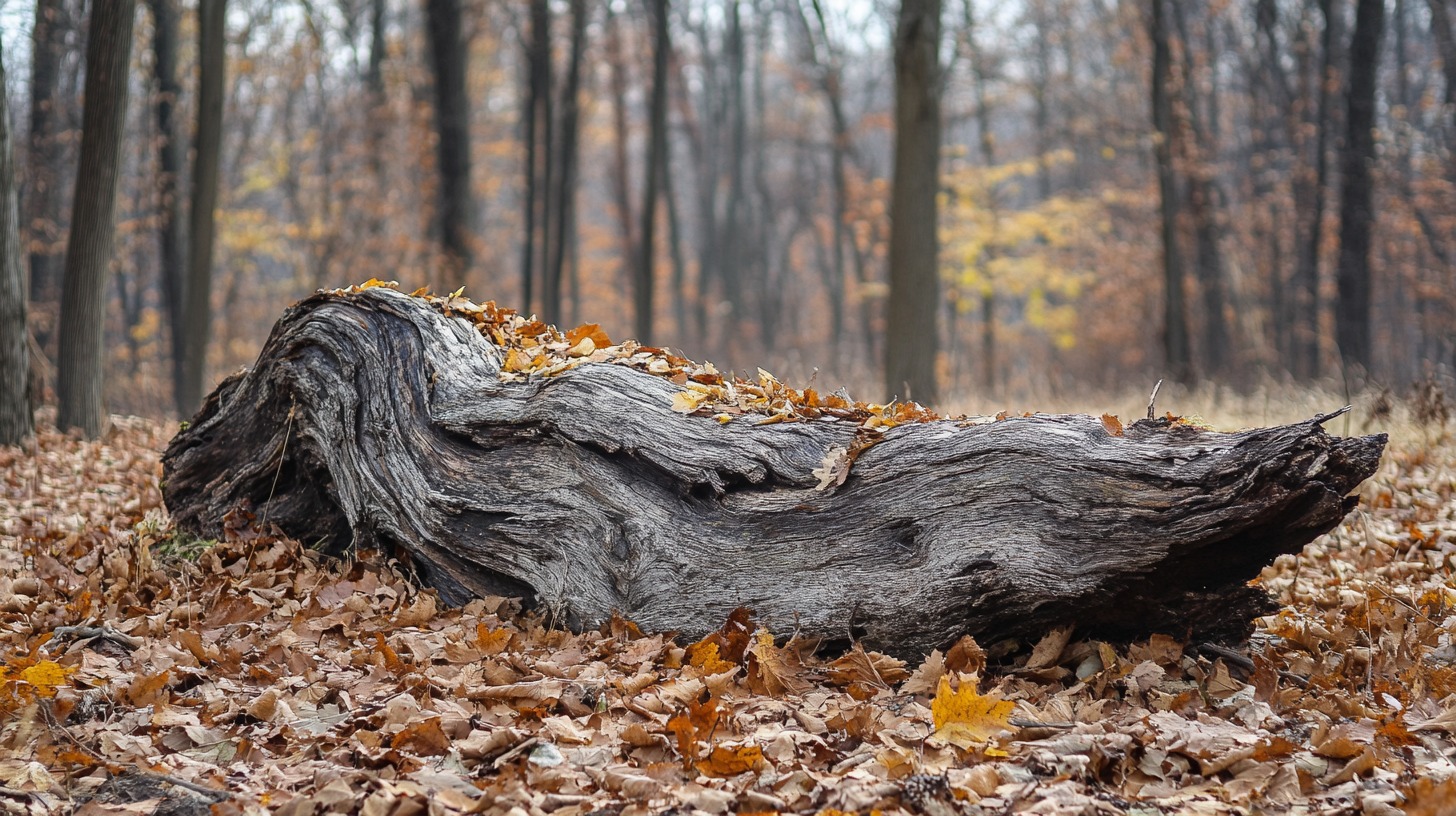 A fallen, weathered tree trunk covered in autumn leaves in a forest, showcasing natural decomposition and the life cycle of trees