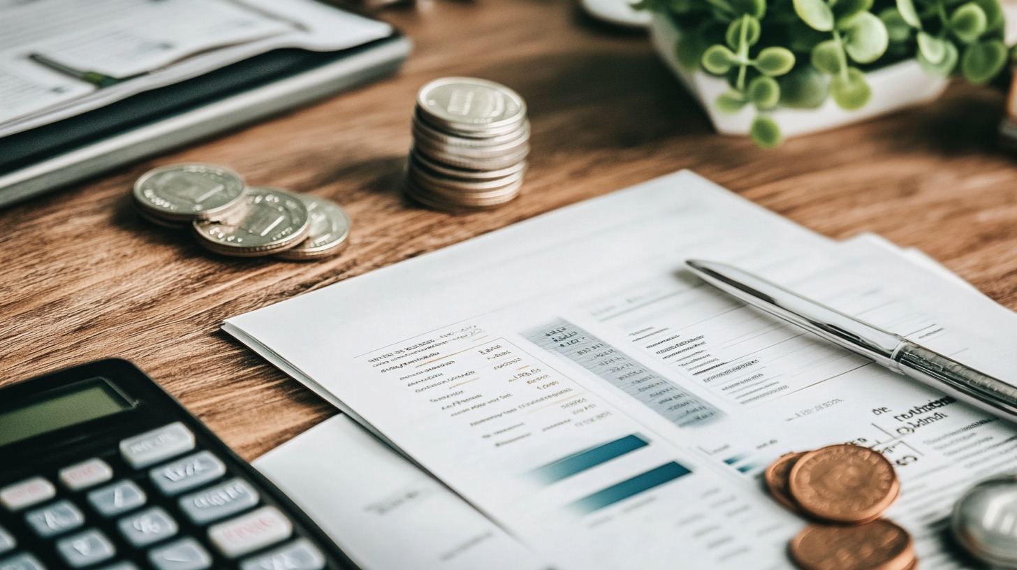 Close-up of financial documents, coins, a pen, and a calculator on a wooden desk, symbolizing budgeting and financial planning