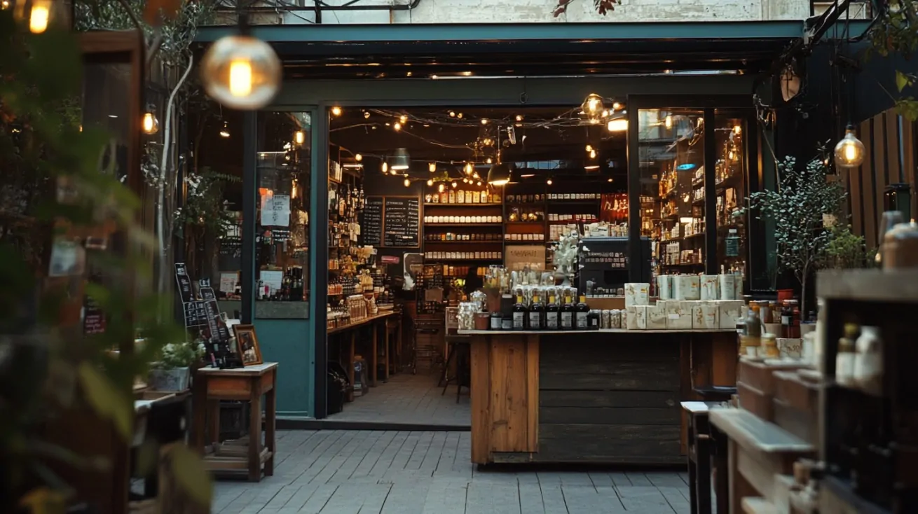 Warmly lit small business storefront with shelves full of various products and decorations