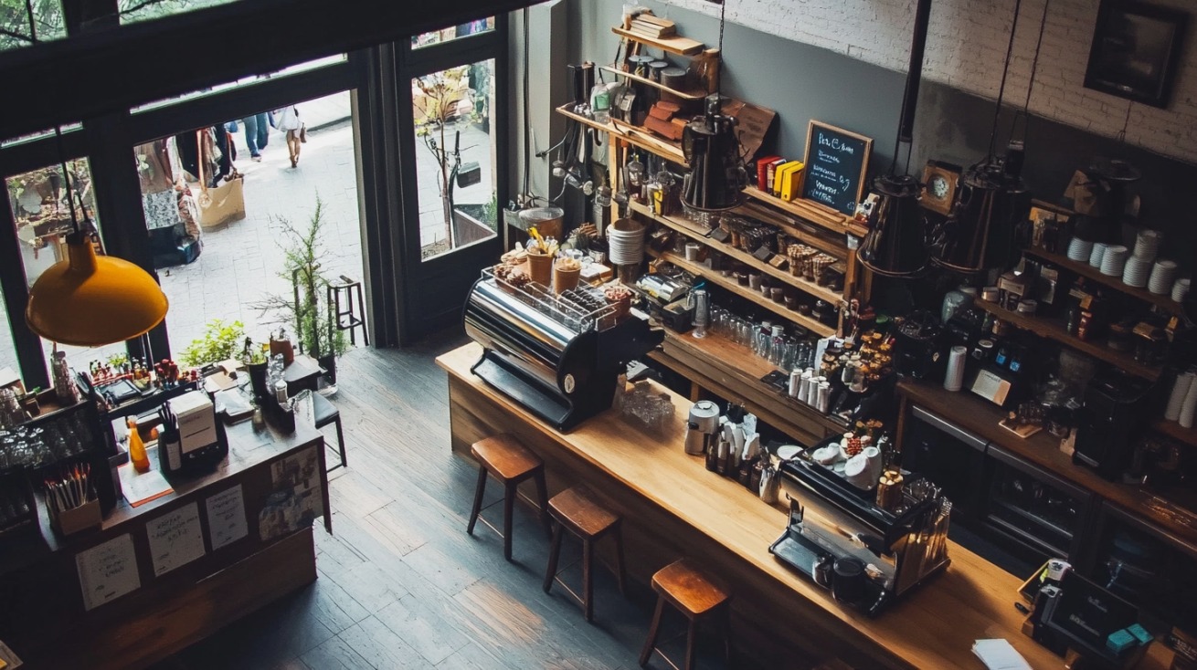 A cozy, well-stocked coffee shop with wooden decor and espresso machines, viewed from above, symbolizing small business success