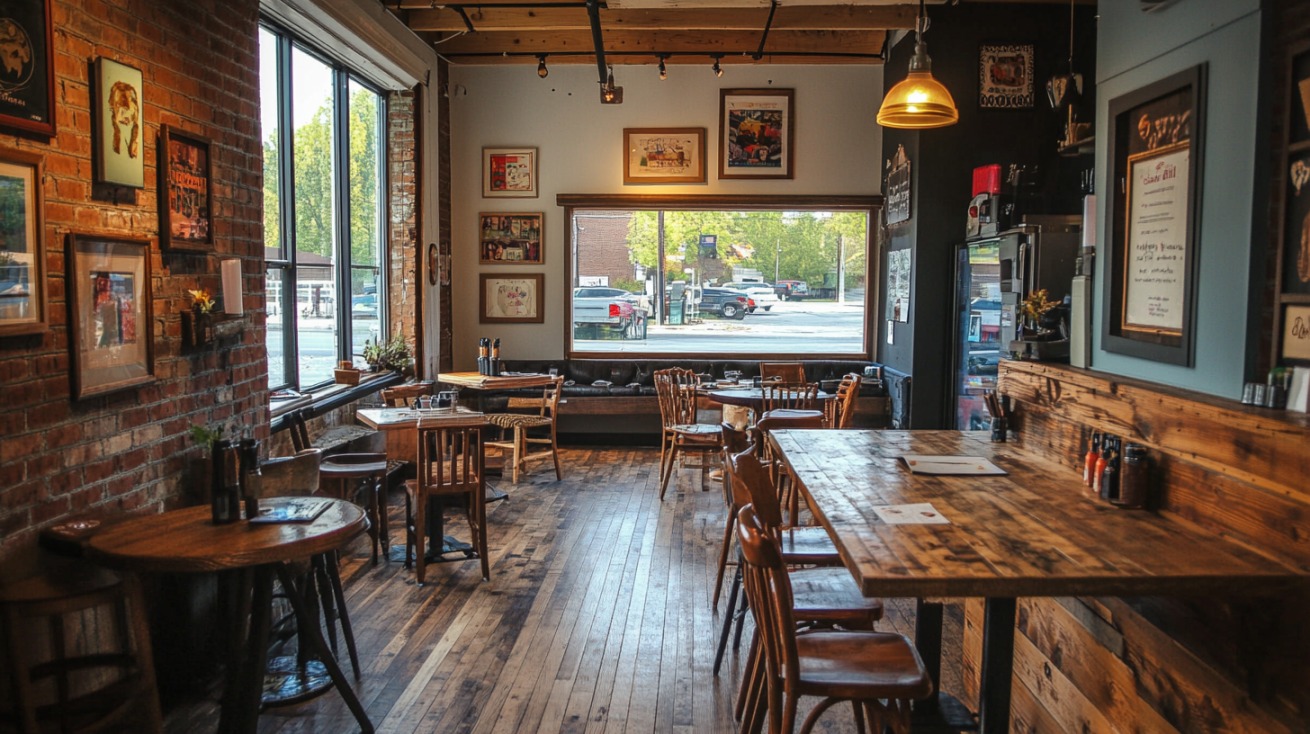 Warm, rustic interior of a small café with wooden tables and eclectic décor, suggesting a cozy, community-focused business atmosphere