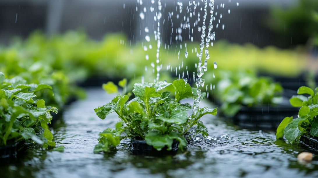 Fresh green plants being watered with rainwater in a garden setting