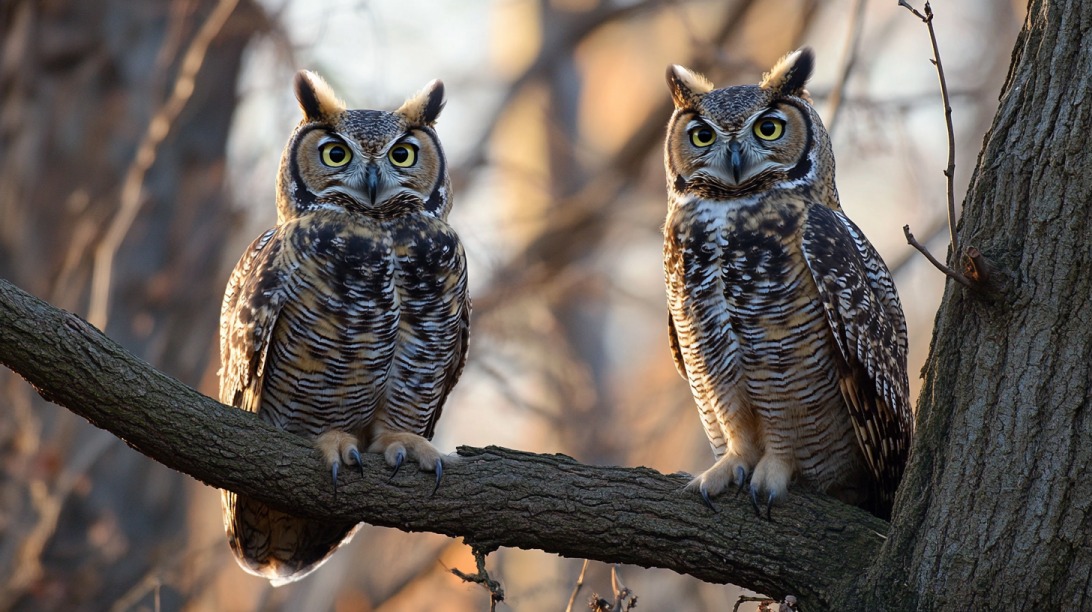 Two great horned owls sitting side by side on a tree branch