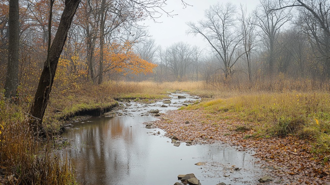 A quiet forest stream surrounded by autumn trees and fallen leaves