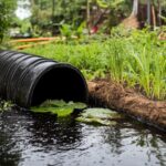 A black plastic pipe channeling rainwater through a lush green garden, demonstrating a rainwater harvesting system