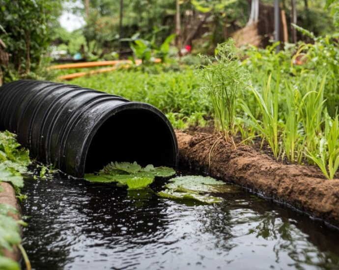 A black plastic pipe channeling rainwater through a lush green garden, demonstrating a rainwater harvesting system