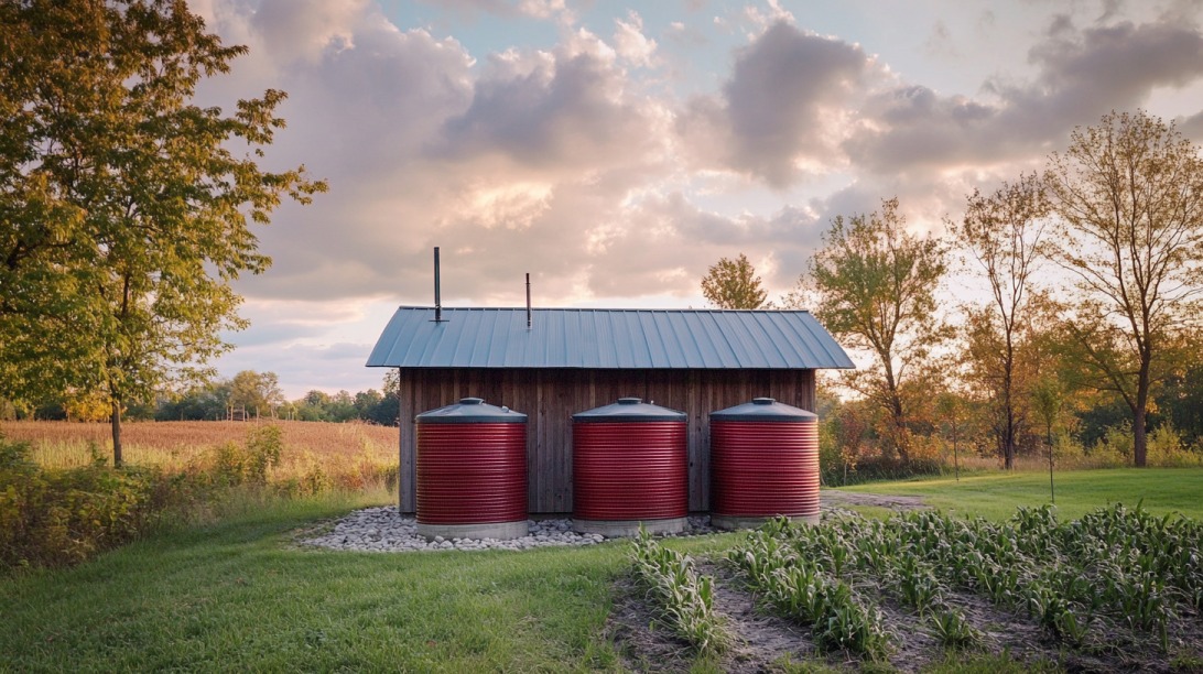 Three large red rainwater tanks beside a wooden shed in a rural farmland setting