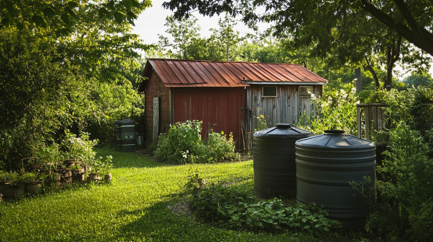 A rustic backyard with two large black rainwater barrels beside a red-roofed wooden shed, surrounded by lush greenery
