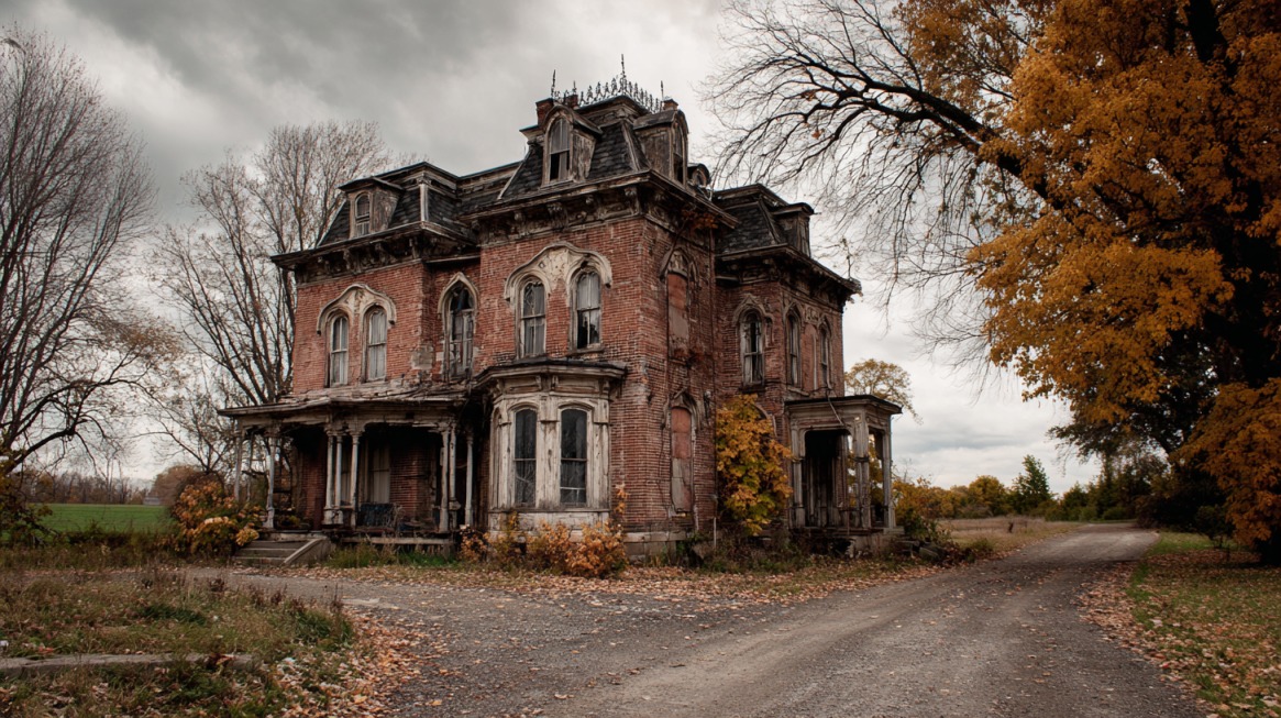 An old, abandoned Victorian-style brick house with boarded-up windows and overgrown surroundings, often associated with haunted tales in Indiana