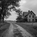 Black and white photo of an old, abandoned farmhouse along a dirt road in Indiana, evoking eerie folklore and ghostly tales
