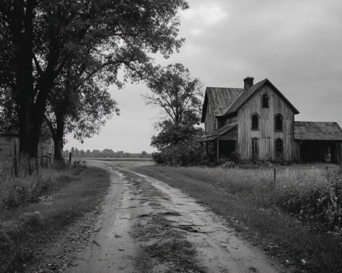 Black and white photo of an old, abandoned farmhouse along a dirt road in Indiana, evoking eerie folklore and ghostly tales