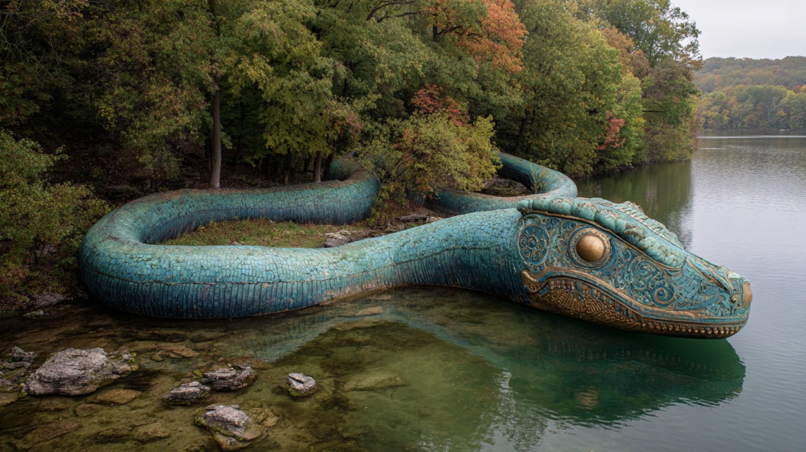 Large serpent-like creature with ornate scales and golden eyes emerging from the water near a forested lake in Indiana