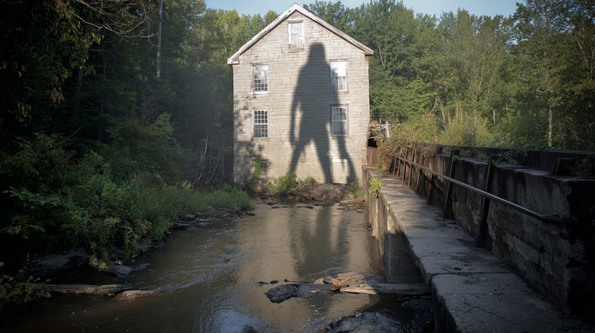 Shadow of a large monster-like figure cast on the side of an old mill building near a creek in Indiana