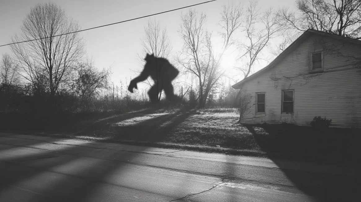 Black and white photo of a rural Indiana scene with a large shadowy creature shape cast across the ground and house