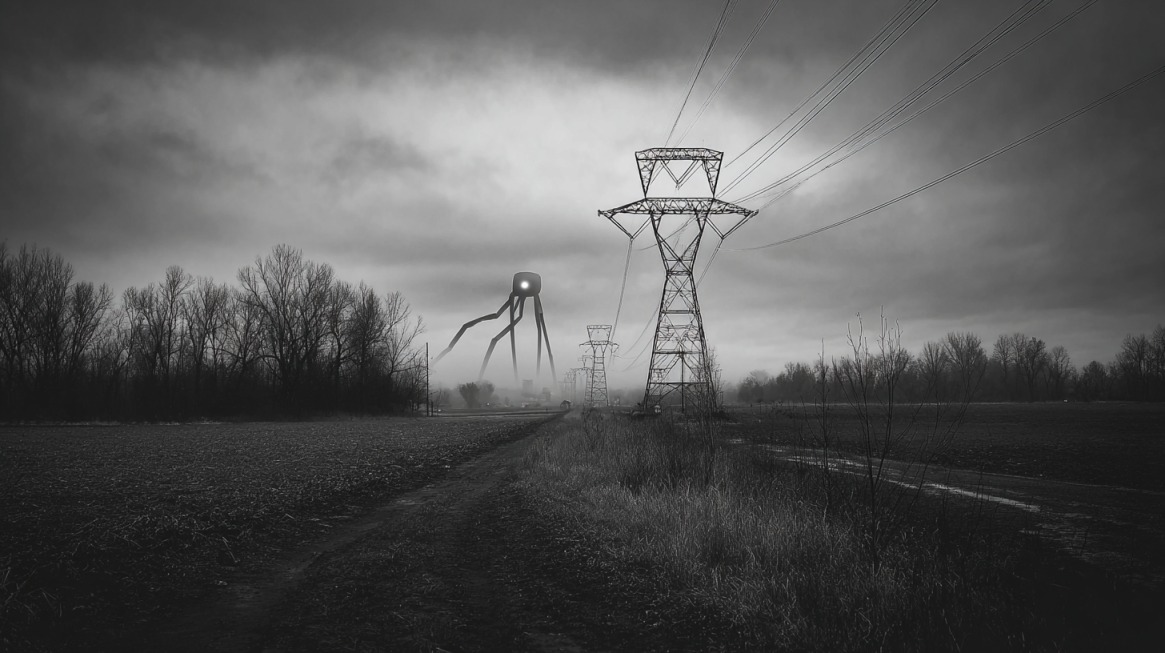Black and white photo of farmland with power lines, showing a giant monster-like figure with glowing eyes in the distance