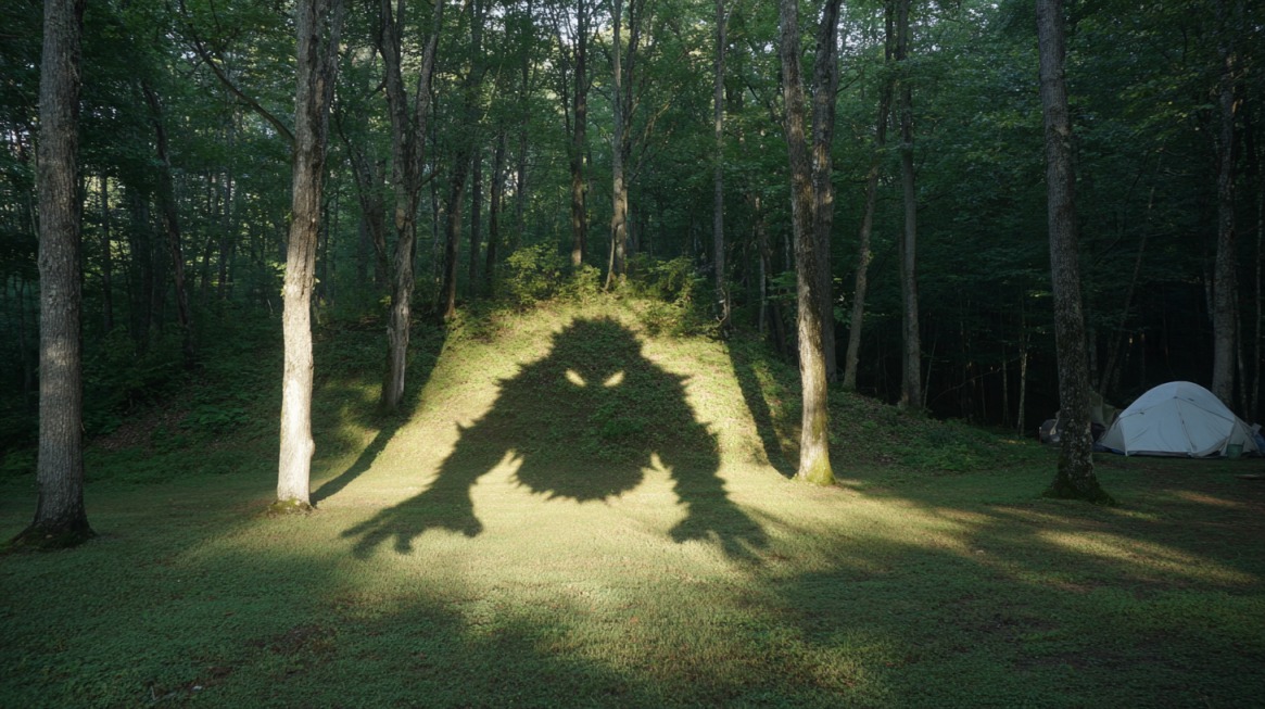 Shadow of a monster-like figure cast across a grassy clearing in the woods near a campsite
