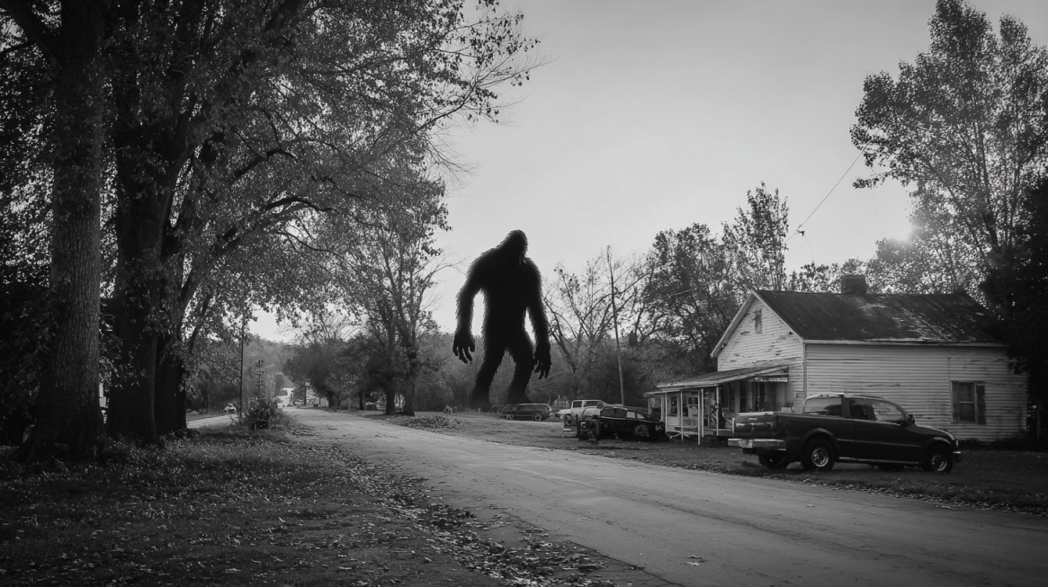 Black and white photo of a quiet Indiana street with a large shadowy monster-like figure towering in the background