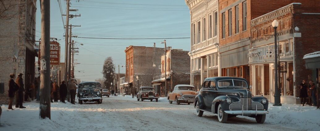 Vintage cars on a snowy street in a historic Indiana town, used as a filming location for Hollywood movies