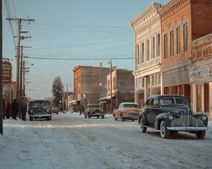 Vintage cars on a snowy street in a historic Indiana town, used as a filming location for Hollywood movies
