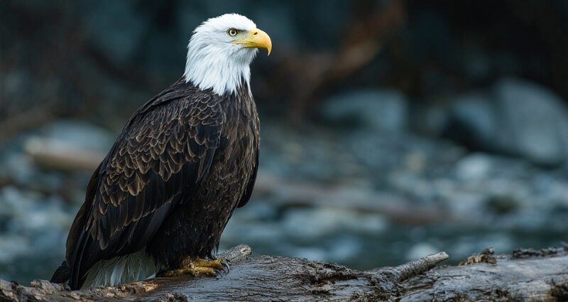 A bald eagle stands on a log near the water, one of many bald eagles you can spot in Indiana's top birdwatching areas