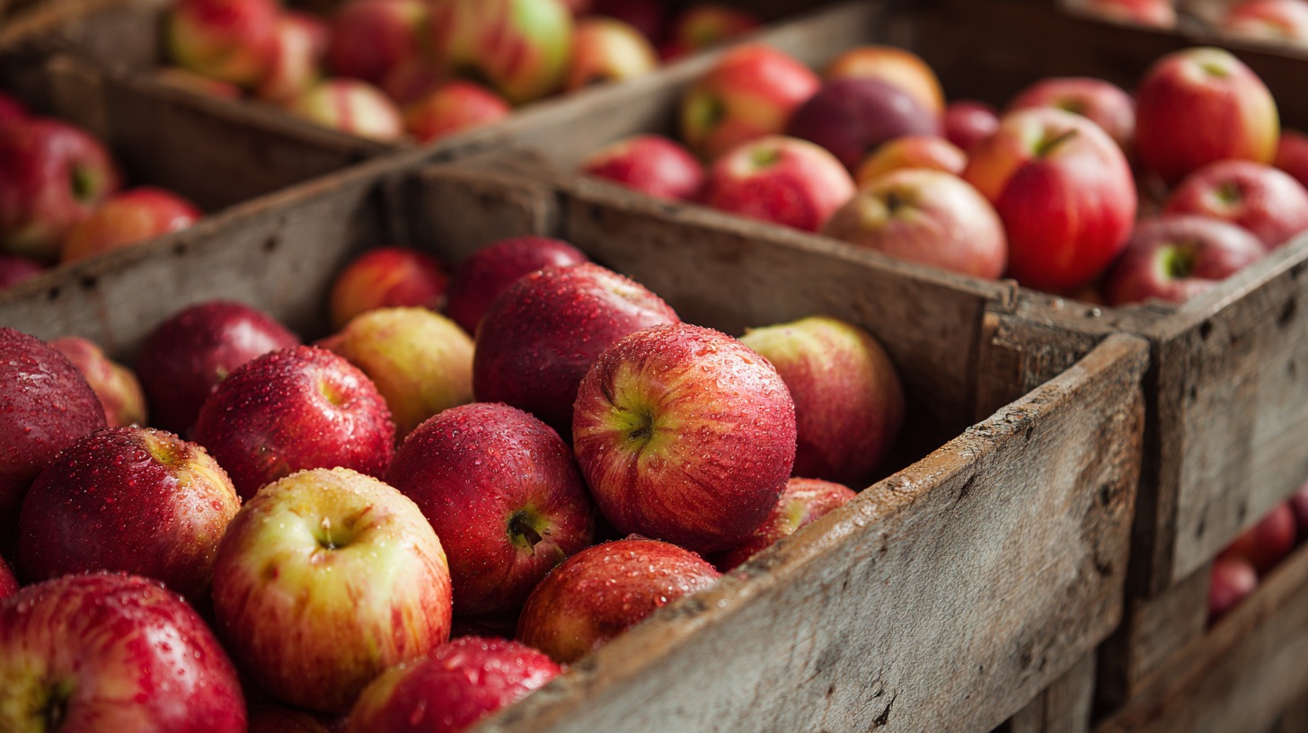 Close-up of red apples with water droplets in rustic wooden crates at a harvest festival