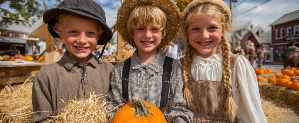 Three smiling children in rustic clothing holding a pumpkin at a festive autumn celebration with pumpkins and hay bales