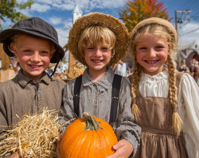 Three smiling children in rustic clothing holding a pumpkin at a festive autumn celebration with pumpkins and hay bales