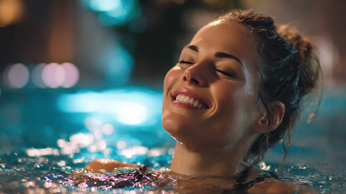 Woman relaxing in a spa pool with eyes closed and soft evening lighting in the background