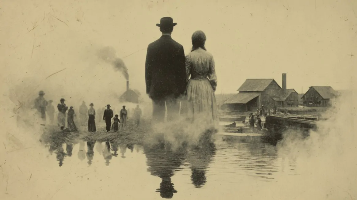 Vintage-style illustration of people in 19th-century clothing near factories and water, evoking Indiana’s early history