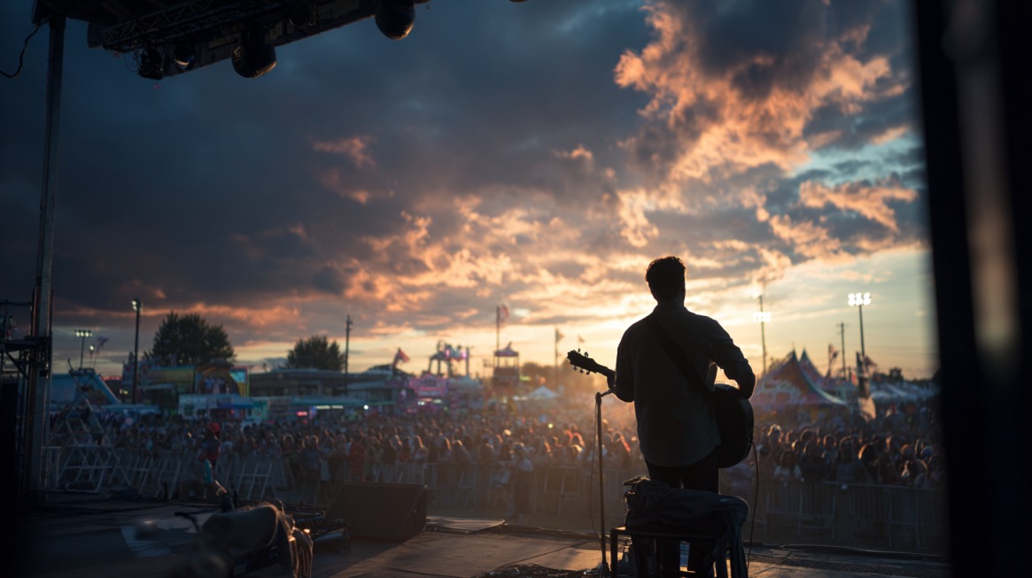 A guitarist performing on stage at sunset in front of a large outdoor crowd at a fair