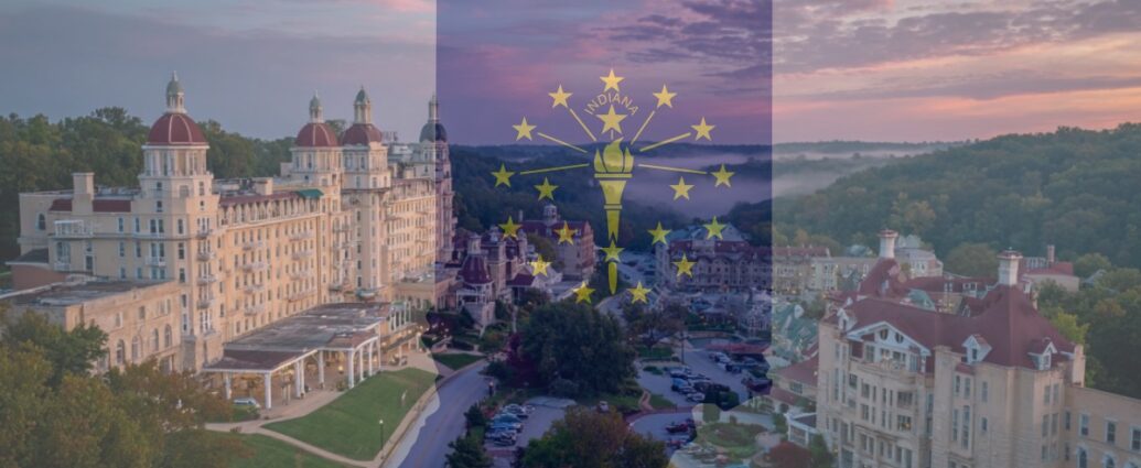 Overlay of the Indiana state flag on a photo of the historic French Lick Resort at sunset, with scenic hills in the background