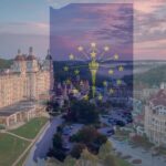 Overlay of the Indiana state flag on a photo of the historic French Lick Resort at sunset, with scenic hills in the background