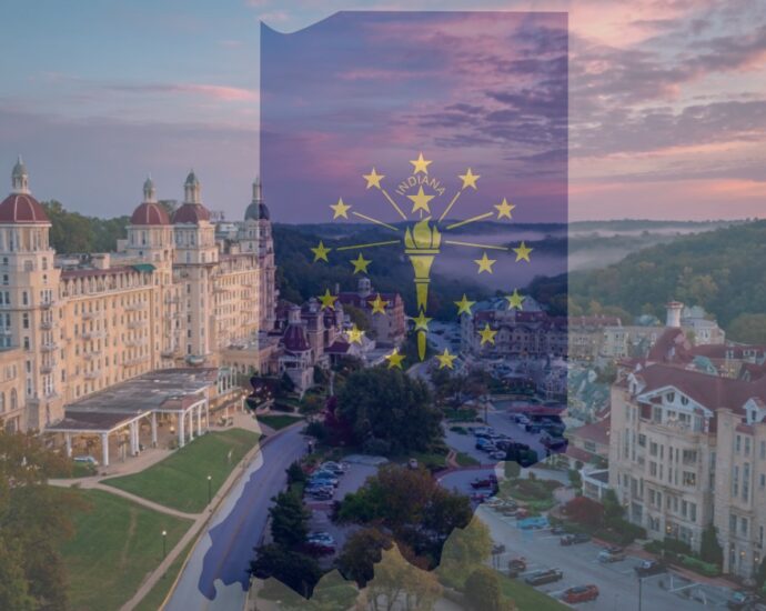 Overlay of the Indiana state flag on a photo of the historic French Lick Resort at sunset, with scenic hills in the background