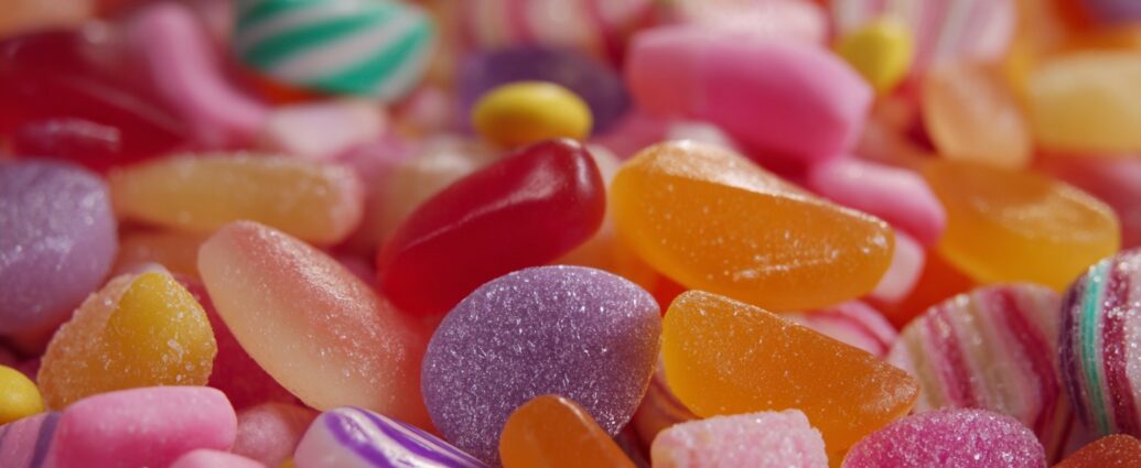 Close-up of assorted colorful gummy candies in shades of red, orange, pink, purple, and yellow
