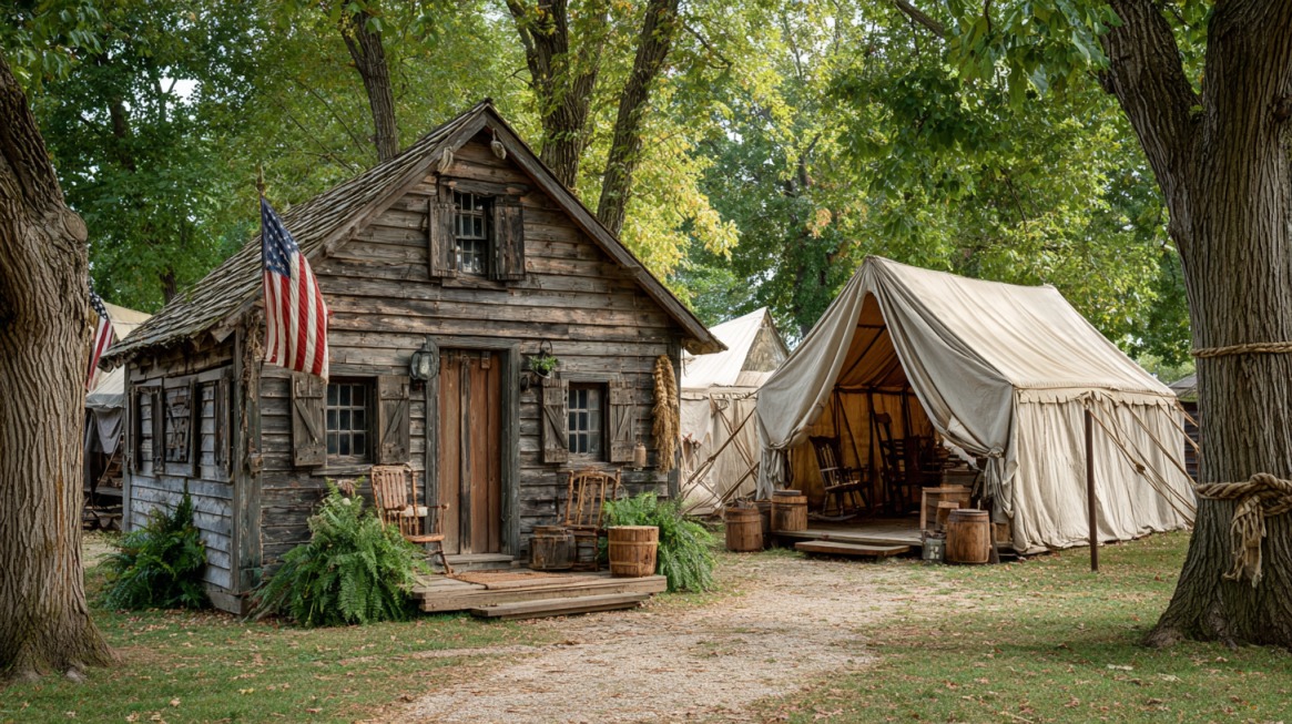 A rustic log cabin and canvas tent setup surrounded by trees at the Pioneer Village exhibit, with American flags displayed