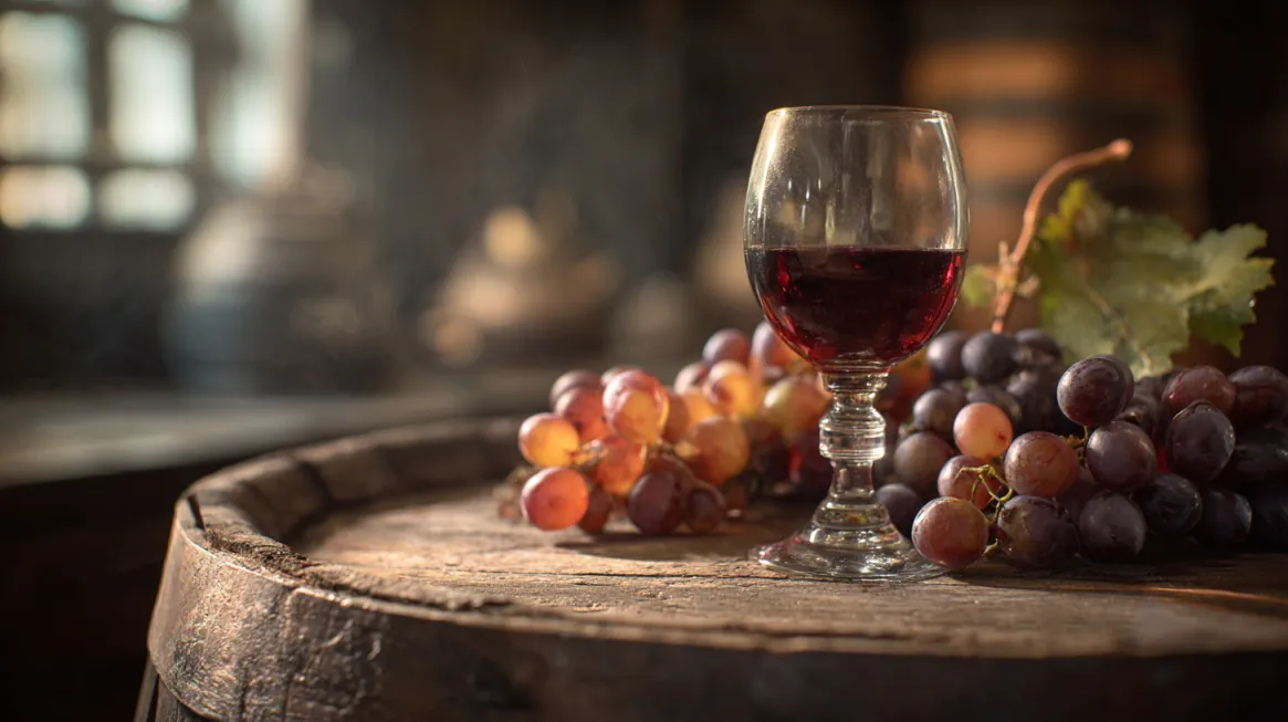 Glass of red wine and fresh grapes resting on a wooden barrel inside a rustic winery setting