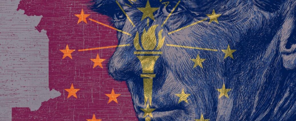 Illustration of a face with the Indiana state flag design overlayed, featuring stars and a torch