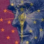 Illustration of a face with the Indiana state flag design overlayed, featuring stars and a torch