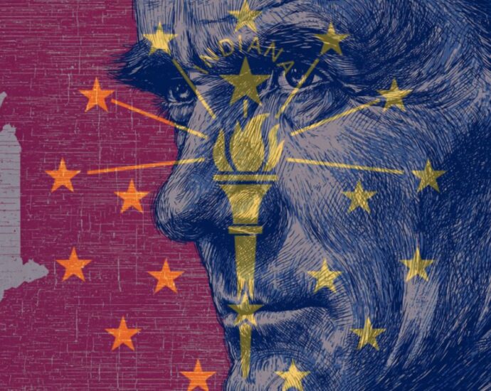 Illustration of a face with the Indiana state flag design overlayed, featuring stars and a torch