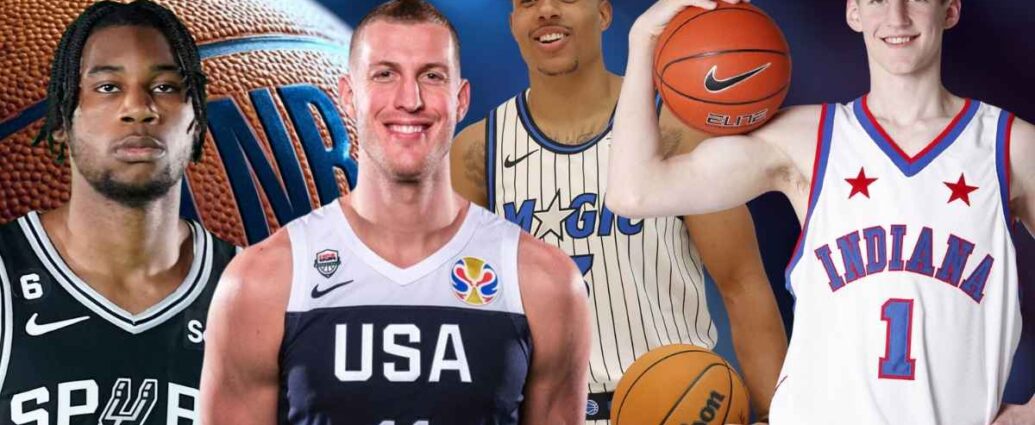 Group of basketball players wearing different jerseys standing in front of an NBA-themed background