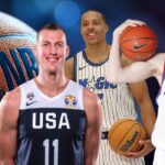 Group of basketball players wearing different jerseys standing in front of an NBA-themed background