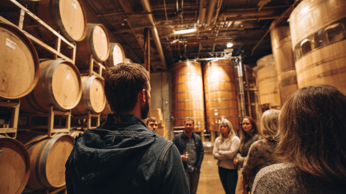Group of people on a guided winery tour, standing among large wooden wine barrels and fermentation tanks
