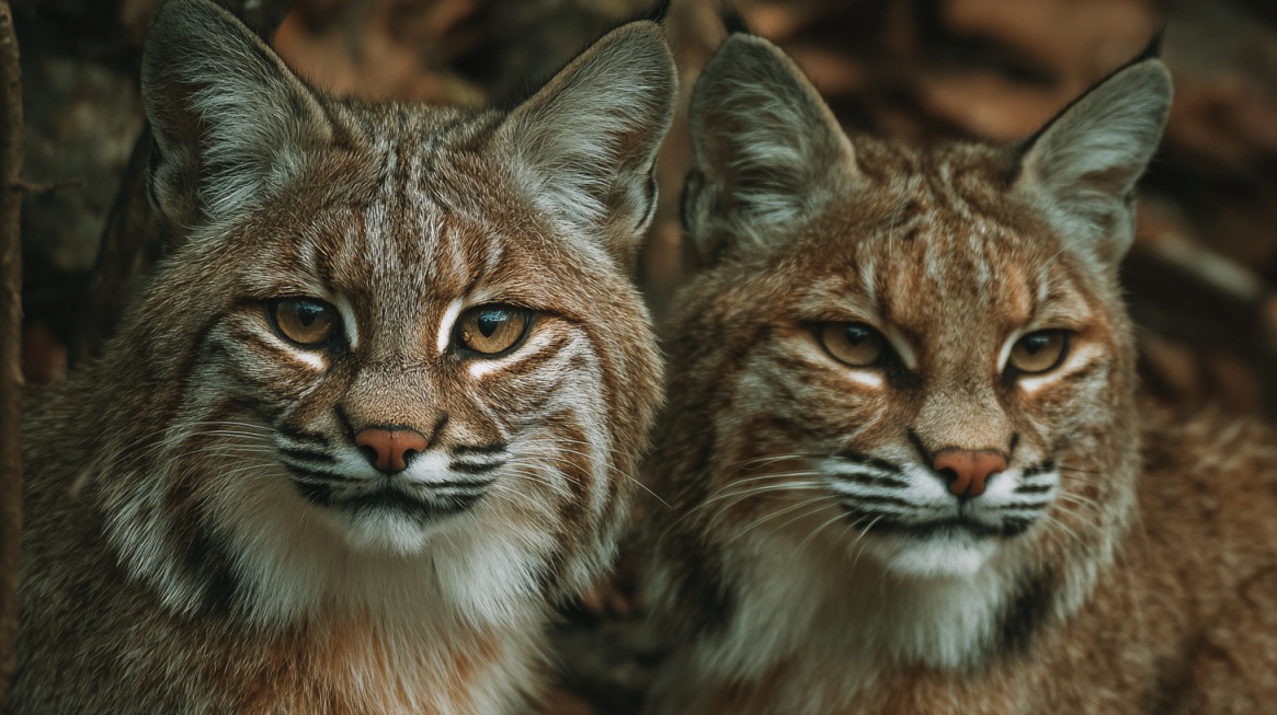 Close up of two bobcats standing side by side in woodland