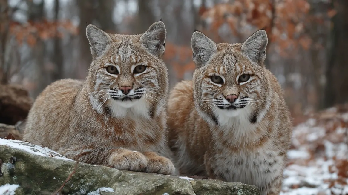 Two bobcats lying on a rock in a snowy woodland